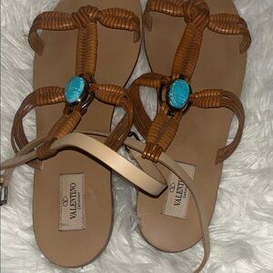 Valentino Tan Sandals with Turquoise Detail